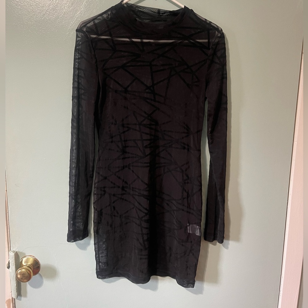 Women's See Through Mesh Long Sleeve Mock Neck Dress Bodycon Dress